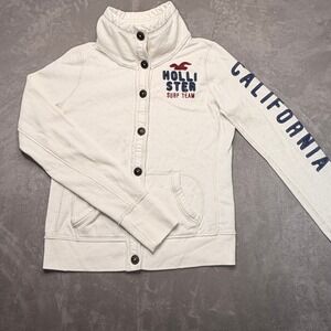 Vtg Y2K Hollister Button Up Sweatshirt Jacket Womens Sz L Cream Surf California